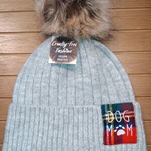 SOLD Dog Mom Beanie Hat David and Young Gray Faux Fur Pom Plaid Patch One Size